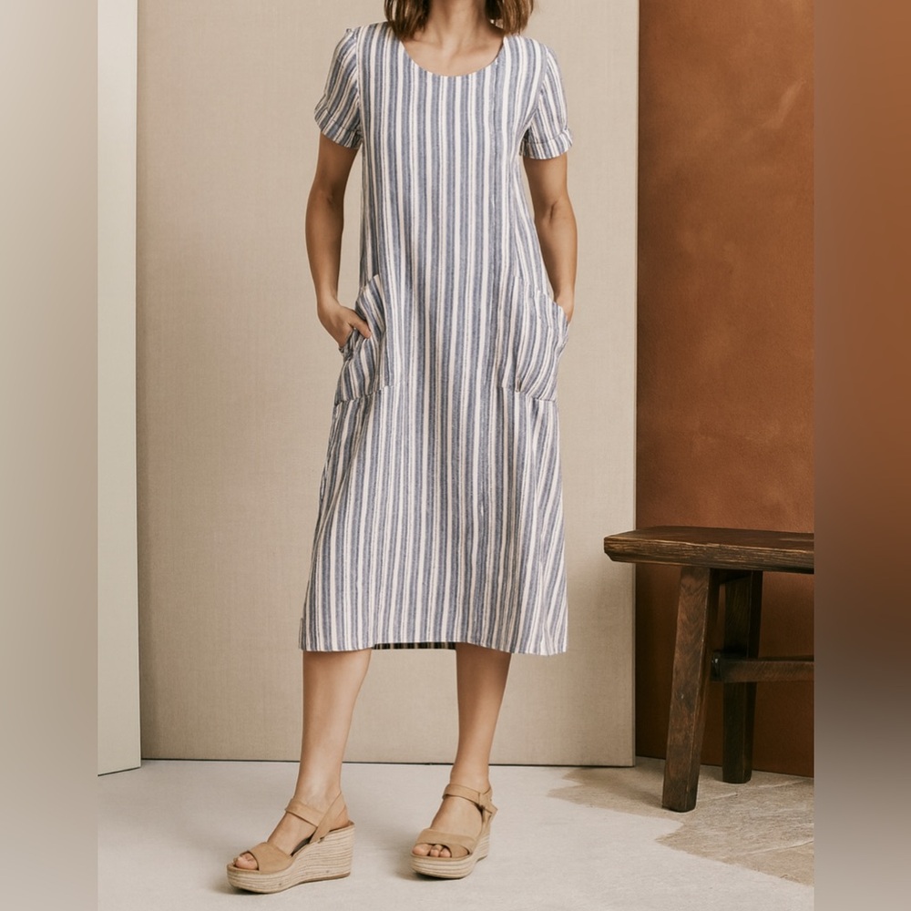 Final Touch blue grey Linen midi striped sheath pocket dress w belt sz S comfort
